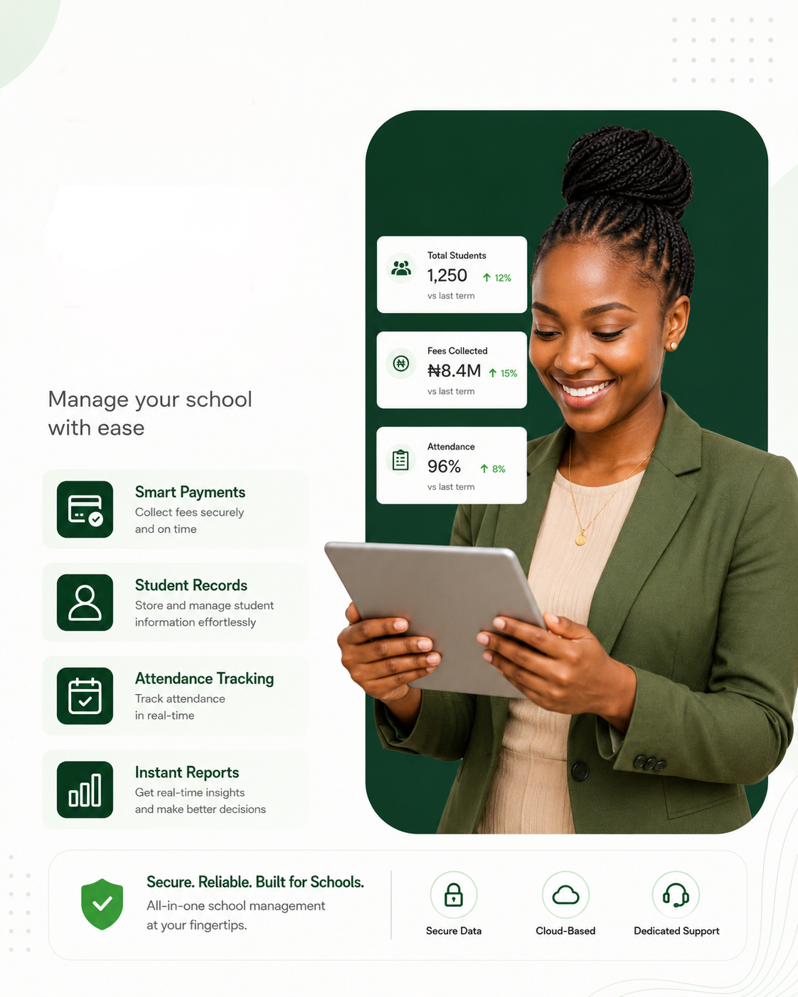 African school staff member holding a tablet