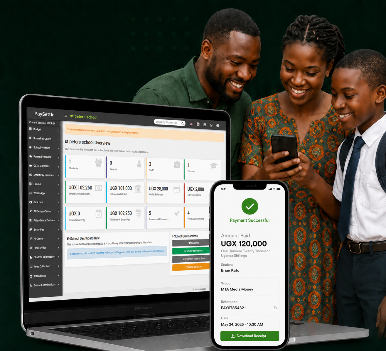 African parents and student using SmartPay school payment platform